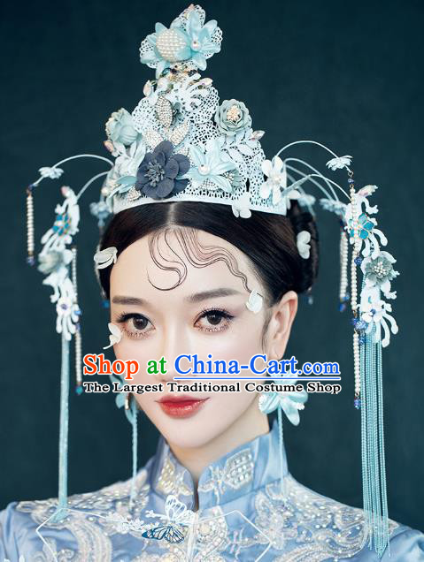 Traditional Chinese Blue Flowers Phoenix Coronet Tassel Hairpins Headdress Ancient Bride Hair Accessories for Women