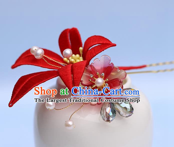 Traditional Chinese Handmade Red Silk Flower Hairpin Headdress Ancient Hanfu Hair Accessories for Women