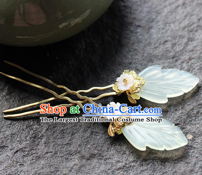 Traditional Chinese Handmade Jade Leaf Hairpin Headdress Ancient Hanfu Hair Accessories for Women