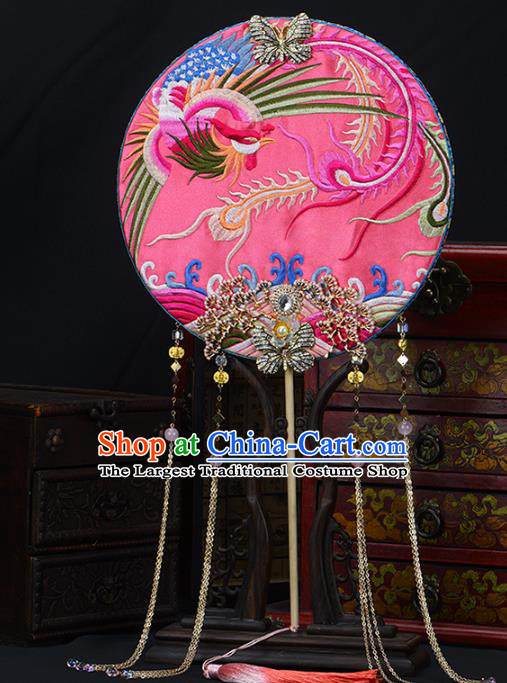 Traditional Chinese Handmade Pink Phoenix Round Fans Ancient Hanfu Wedding Palace Fan for Women