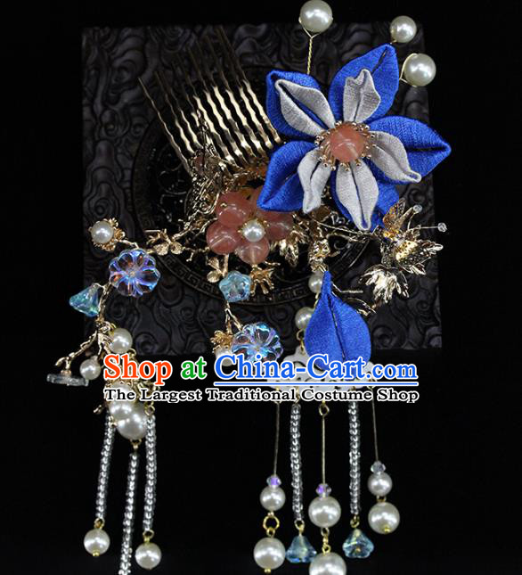 Traditional Chinese Handmade Blue Flowers Tassel Hair Comb Headdress Ancient Hanfu Hair Accessories for Women