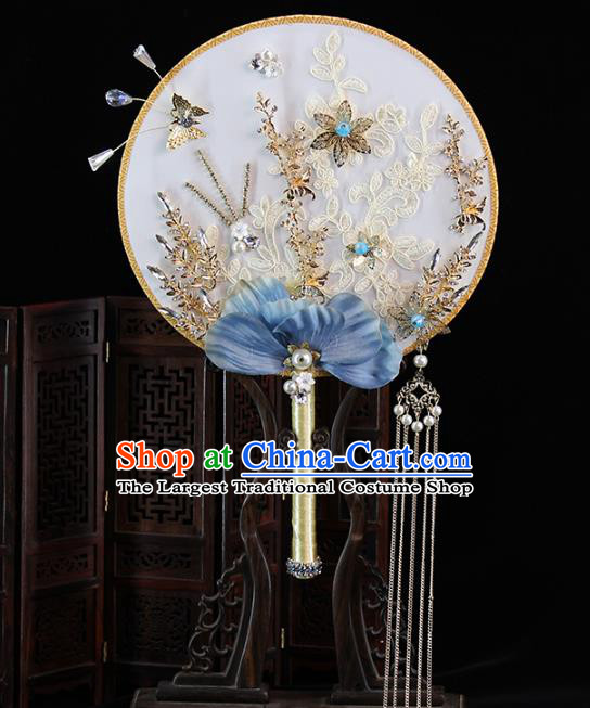 Traditional Chinese Handmade Blue Phalaenopsis Round Fans Ancient Hanfu Wedding Palace Fan for Women