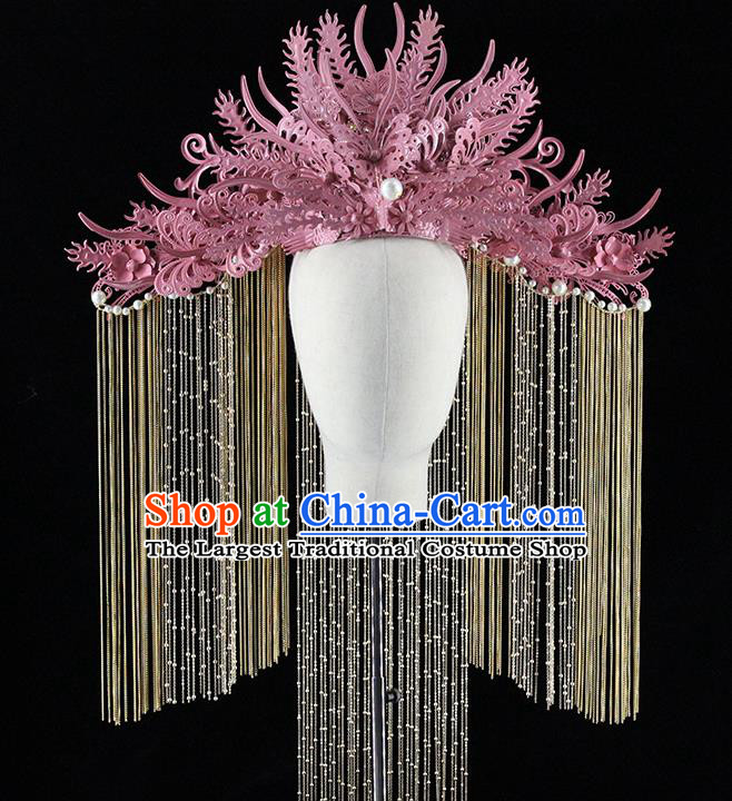 Traditional Chinese Pink Butterfly Phoenix Coronet Hairpins Headdress Ancient Wedding Hair Accessories for Women