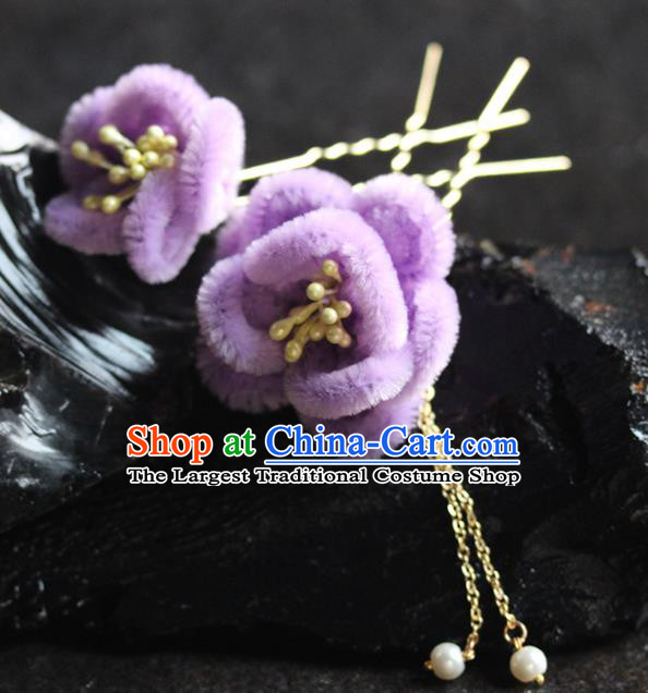 Traditional Chinese Purple Velvet Plum Tassel Hairpins Headdress Ancient Wedding Hair Accessories for Women