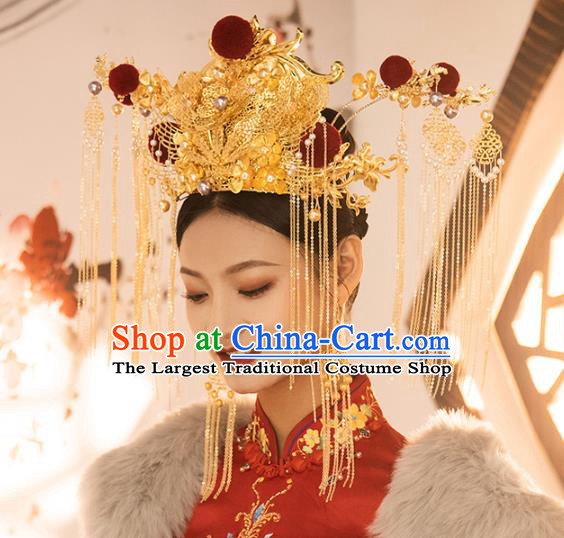 Traditional Chinese Golden Butterfly Phoenix Coronet Hairpins Headdress Ancient Wedding Hair Accessories for Women