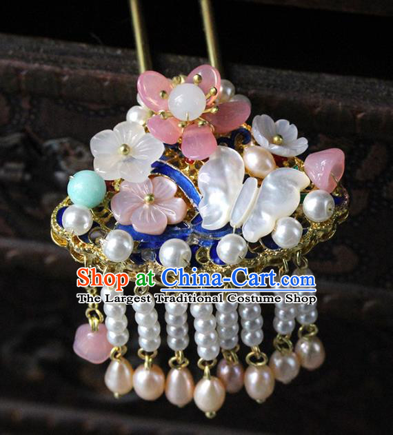 Traditional Chinese Handmade Shell Butterfly Pearls Hairpins Headdress Ancient Hanfu Hair Accessories for Women