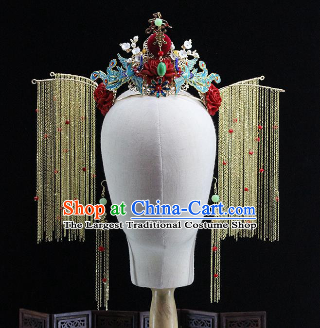 Traditional Chinese Red Jade Phoenix Coronet Hairpins Headdress Ancient Wedding Hair Accessories for Women