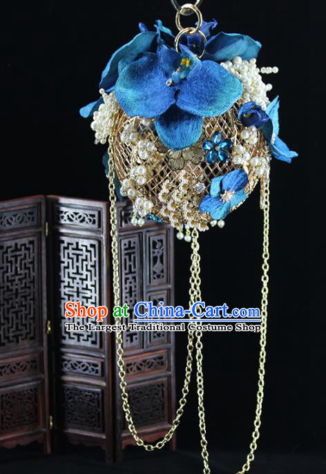 Traditional Chinese Blue Phalaenopsis Handbag Handmade Wedding Bag Accessories for Women