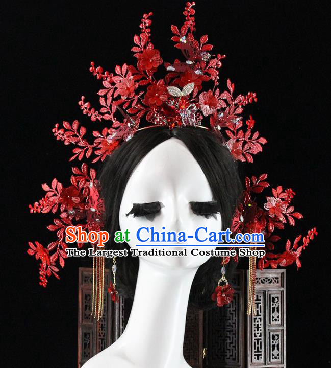 Traditional Chinese Wedding Red Flowers Hair Crown Hairpins Headdress Ancient Hair Accessories for Women