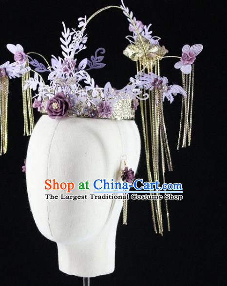 Traditional Chinese Wedding Purple Flowers Hair Crown Hairpins Headdress Ancient Hair Accessories for Women