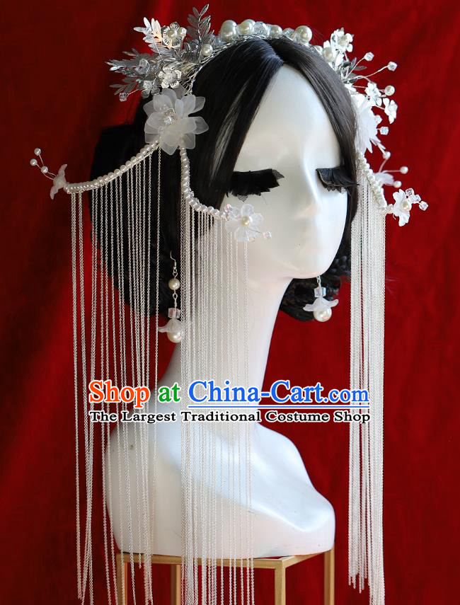 Traditional Chinese Wedding White Tassel Phoenix Coronet Hairpins Headdress Ancient Empress Hair Accessories for Women