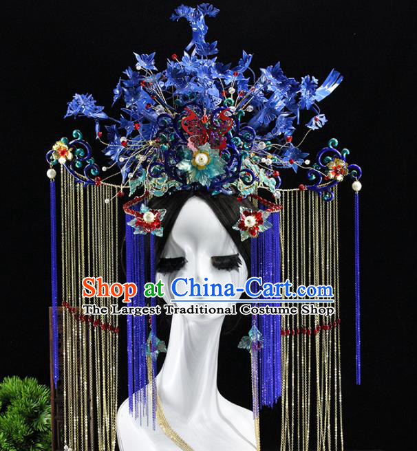 Traditional Chinese Wedding Blue Phoenix Coronet Hairpin Headdress Ancient Queen Hair Accessories for Women