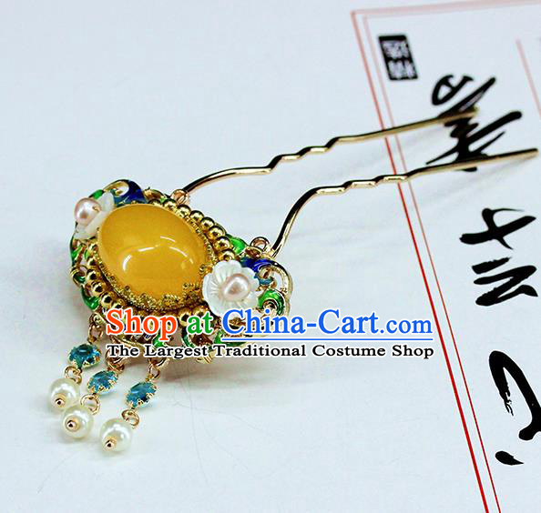 Traditional Chinese Handmade Yellow Chalcedony Hairpin Headdress Ancient Hanfu Hair Accessories for Women