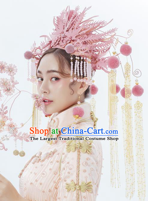 Traditional Chinese Wedding Pink Phoenix Coronet Headdress Ancient Bride Hair Accessories for Women