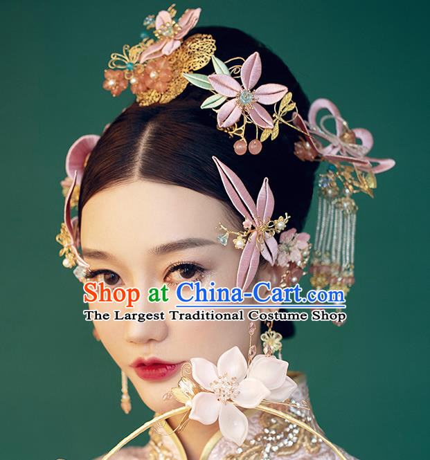 Traditional Chinese Wedding Hair Crown Pink Flower Hairpins Headdress Ancient Bride Hair Accessories for Women