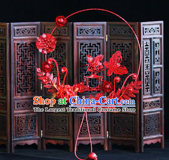 Traditional Chinese Classical Red Crane Fans Ancient Hanfu Wedding Palace Fan for Women