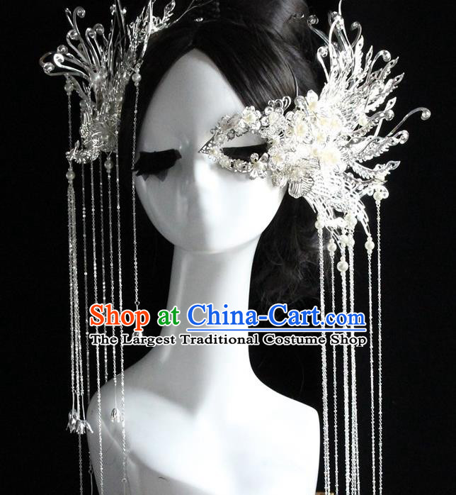 Traditional Chinese Bride Argent Tassel Hair Clasp Headdress Ancient Wedding Hair Accessories for Women