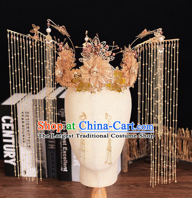 Traditional Chinese Bride Golden Flowers Phoenix Coronet Headdress Ancient Wedding Hair Accessories for Women