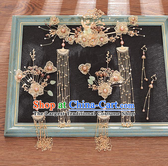 Traditional Chinese Bride Golden Pine and Hairpins Headdress Ancient Wedding Hair Accessories for Women