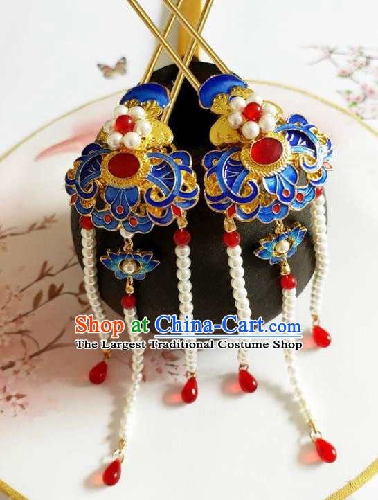 Traditional Chinese Pearls Tassel Cloisonne Hairpin Headdress Ancient Court Hair Accessories for Women