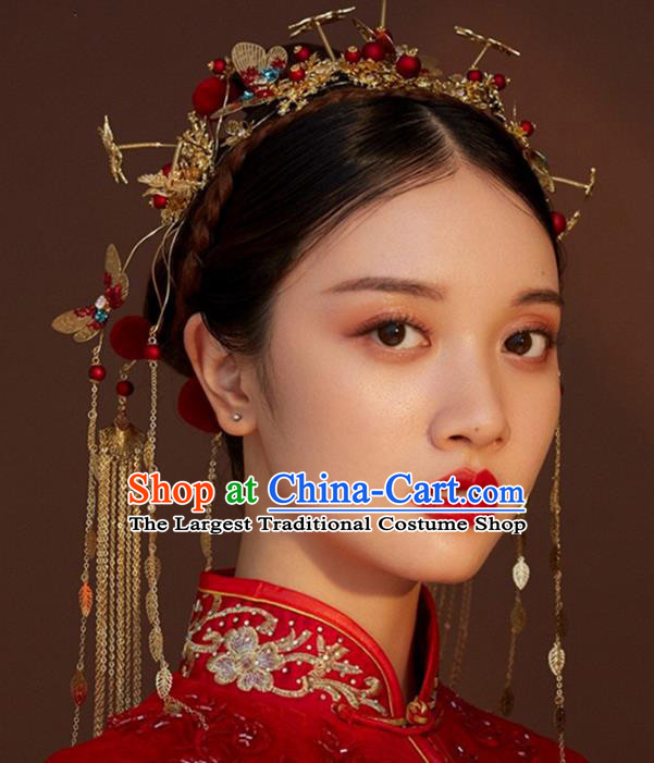 Traditional Chinese Bride Red Butterfly Hair Crown Headdress Ancient Wedding Hair Accessories for Women