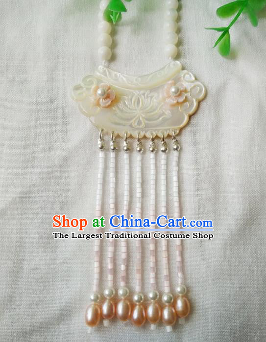 Traditional Chinese Handmade White Shell Necklace Ancient Hanfu Pearls Tassel Necklet Accessories for Women