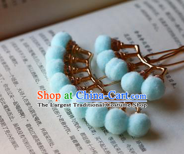 Traditional Chinese Ming Dynasty Blue Pompon Hairpins Headdress Ancient Court Hair Accessories for Women