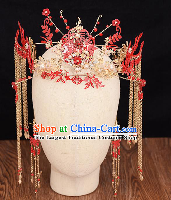 Traditional Chinese Bride Red Phoenix Coronet Headdress Ancient Wedding Hair Accessories for Women