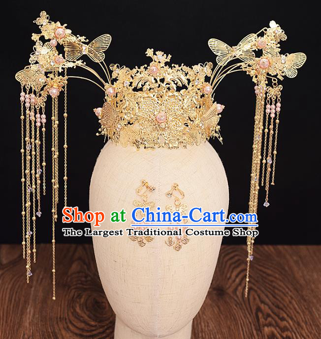 Traditional Chinese Bride Golden Butterfly Pearls Phoenix Coronet Headdress Ancient Wedding Hair Accessories for Women