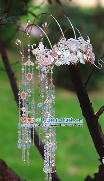 Traditional Chinese Argent Tassel Phoenix Coronet Hairpins Headdress Ancient Court Hair Accessories for Women