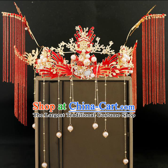 Traditional Chinese Bride Tassel Red Phoenix Coronet Headdress Ancient Wedding Hair Accessories for Women