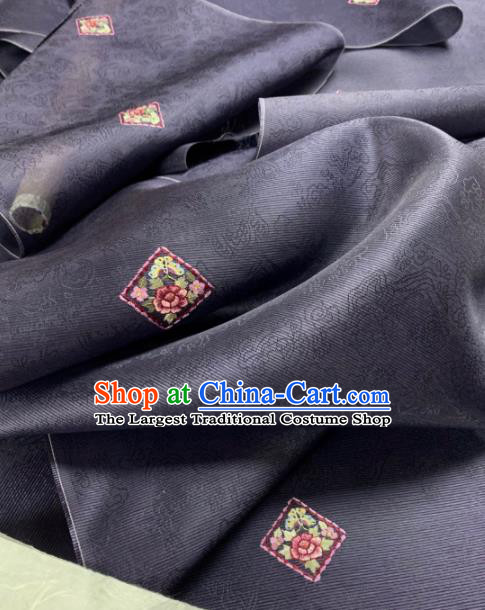 Chinese Traditional Embroidered Flowers Pattern Design Navy Silk Fabric Asian Hanfu Material