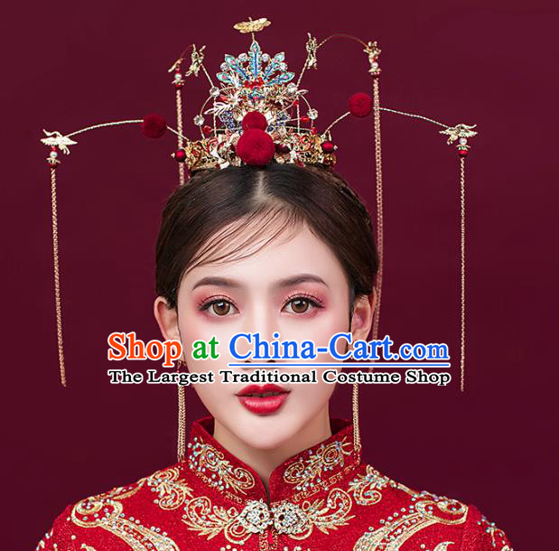 Traditional Chinese Bride Blueing Phoenix Hair Coronet Headdress Ancient Wedding Hair Accessories for Women