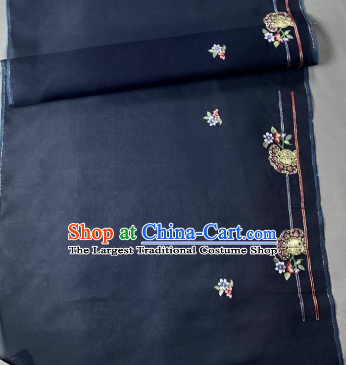 Chinese Traditional Embroidered Pattern Design Navy Silk Fabric Asian Hanfu Material