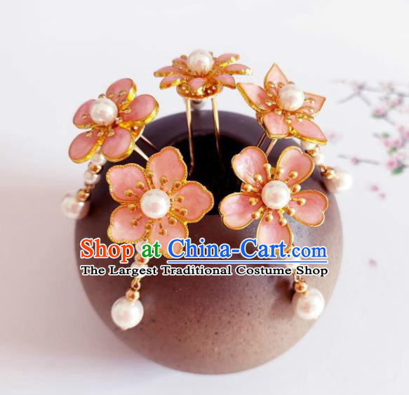 Traditional Chinese Little Pink Plum Blossom Hairpins Headdress Ancient Court Hair Accessories for Women