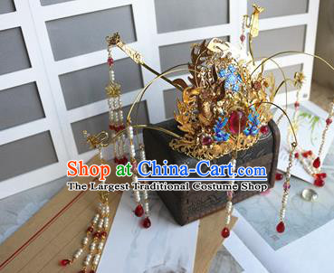 Traditional Chinese Wedding Garnet Phoenix Coronet Headdress Ancient Court Queen Hair Accessories for Women