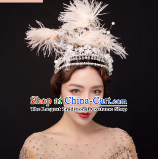 Traditional Chinese Stage Show Feather Royal Crown Headdress Handmade Catwalks Hair Accessories for Women