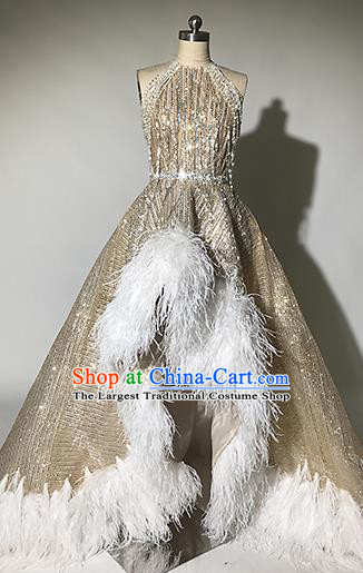 Top Grade Modern Dance Feather Golden Trailing Full Dress Catwalks Compere Costume for Women