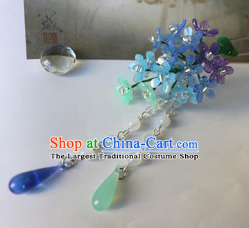 Traditional Chinese Bride Blue Flowers Tassel Hairpin Headdress Ancient Court Hair Accessories for Women