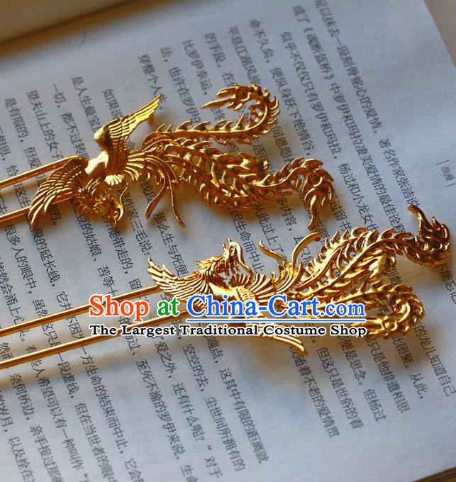 Traditional Chinese Bride Golden Phoenix Hair Clip Hairpin Headdress Ancient Court Hair Accessories for Women