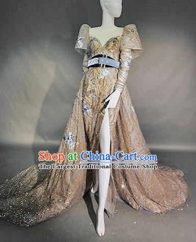 Top Grade Modern Dance Compere Champagne Full Dress Catwalks Embroidered Costume for Women