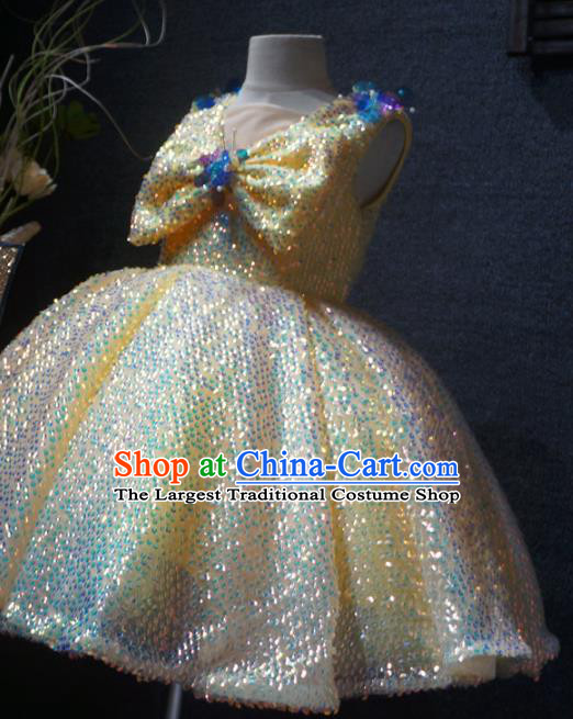 Top Grade Children Princess Yellow Sequins Dress Catwalks Stage Show Birthday Costume for Kids