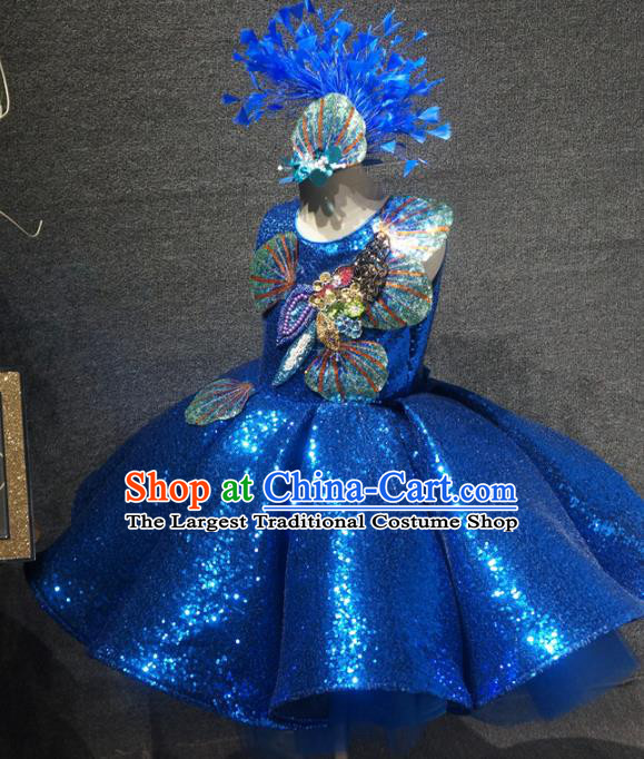 Top Grade Children Modern Dance Royalblue Short Dress Catwalks Stage Show Birthday Costume for Kids