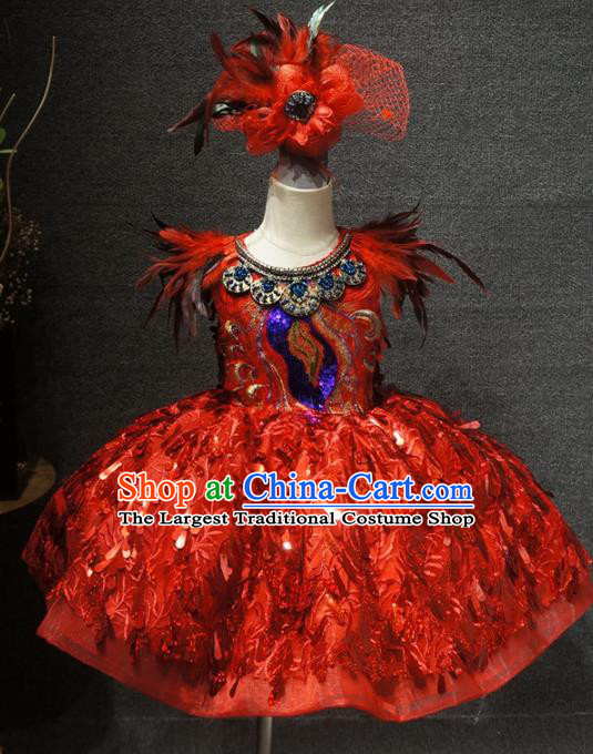 Traditional Chinese Compere Red Feather Short Dress Catwalks Stage Show Costume for Kids