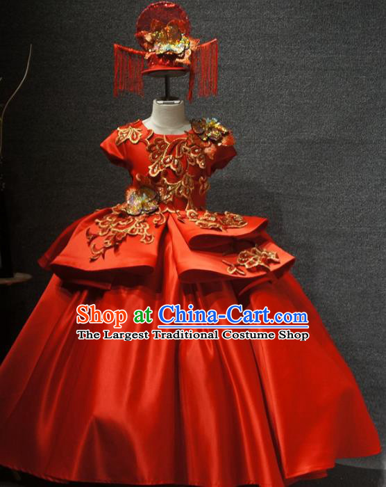 Traditional Chinese New Year Compere Red Full Dress Catwalks Stage Show Costume for Kids