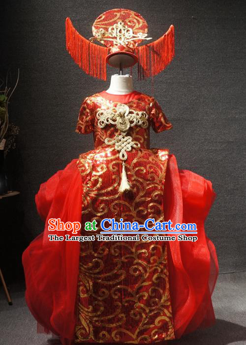 Traditional Chinese New Year Embroidered Red Full Dress Catwalks Stage Show Costume for Kids