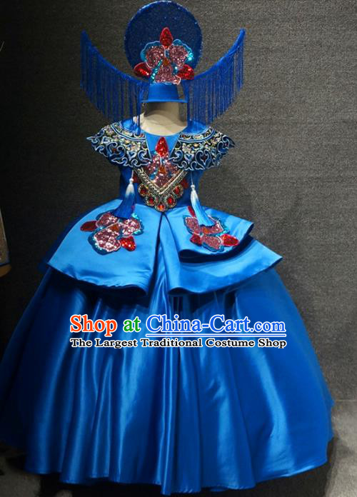 Traditional Chinese Compere Royalblue Full Dress Catwalks Stage Show Costume for Kids