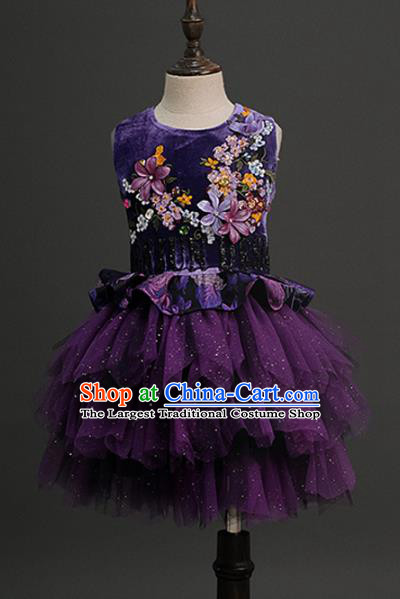 Top Children Compere Purple Veil Short Full Dress Catwalks Princess Stage Show Dance Costume for Kids