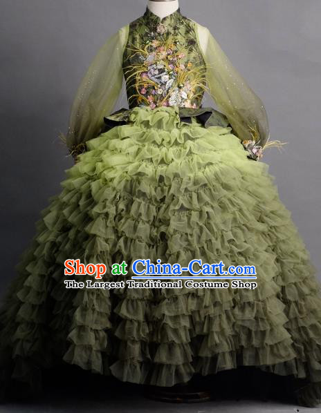 Top Children Compere Green Veil Full Dress Catwalks Princess Stage Show Dance Costume for Kids