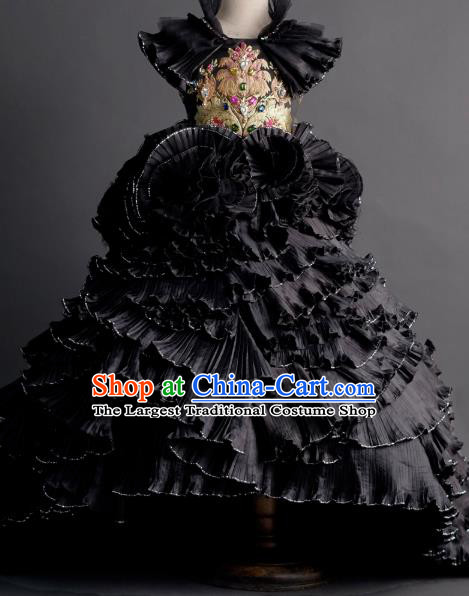 Top Children Cosplay Queen Black Full Dress Catwalks Compere Stage Show Dance Costume for Kids